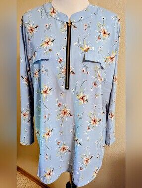 ANGVNS Women’s Floral Zip Front Blouse Long Sleeve Light Blue Size XXL NWT